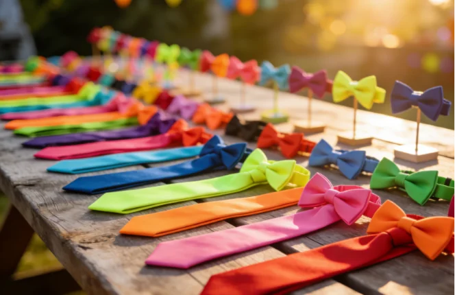 Colorful neckties and bow ties displayed on a rustic wooden table outdoors.