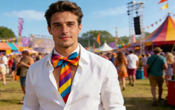 Man wearing a colorful striped party bow tie at an outdoor festival.