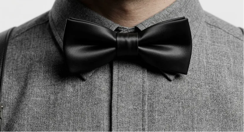 Close-up of a black satin bow tie on a grey textured shirt.