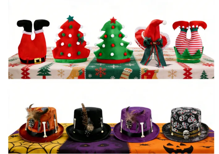 Collection of novelty Christmas hats and Halloween skull top hats.