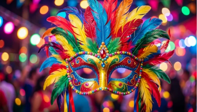 Colorful carnival masquerade mask with bright feathers.
