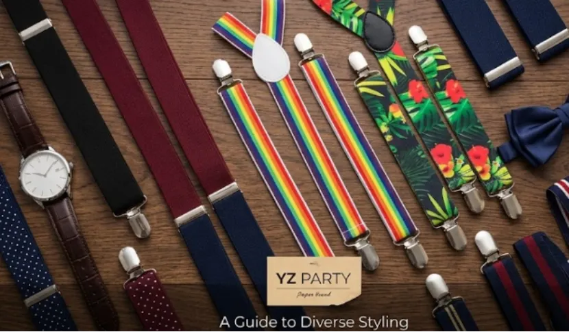 Diverse collection of YZ Party suspenders flat lay.