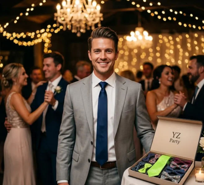Man in a grey suit holding a YZ Party gift box of ties at a festive event.