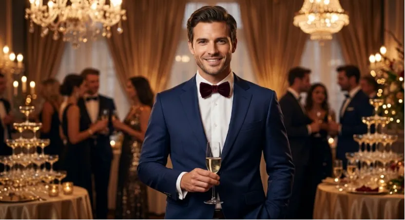 Man in a navy suit and burgundy bow tie at a cocktail party.
