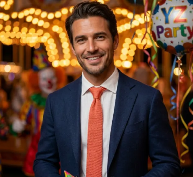 Medium shot of a man wearing a knitted coral-orange necktie at a party.