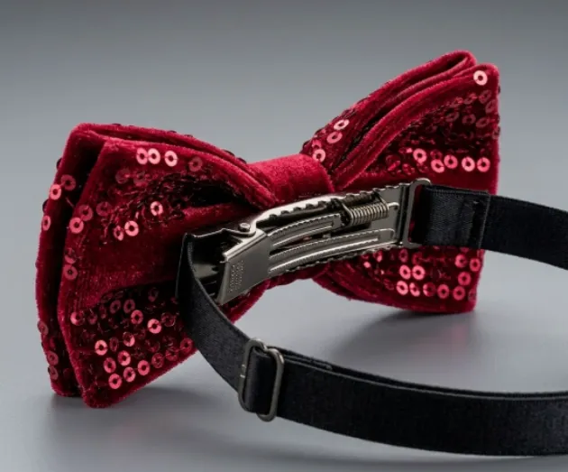 Red sequined bow tie with elastic back.