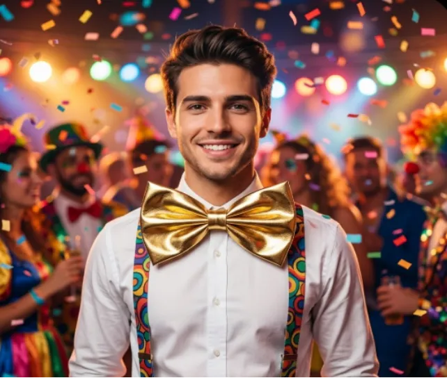 Smiling man in a giant gold bow tie.
