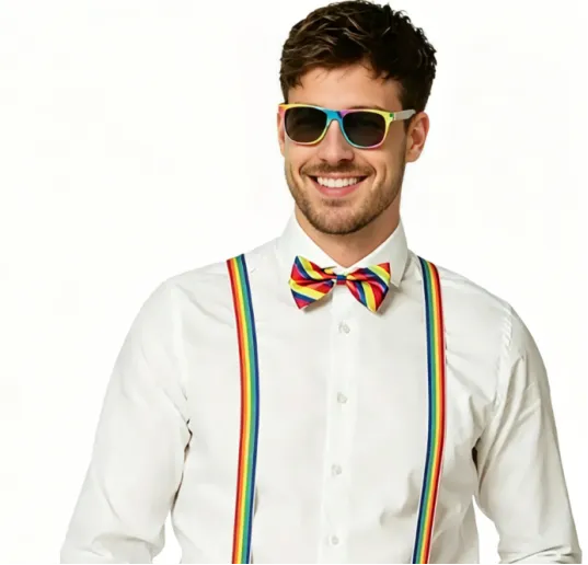 Smiling man in rainbow suspenders and accessories.