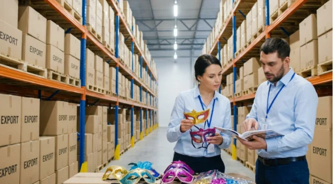 Wholesale buyer inspecting masks in a modern party supplies warehouse.