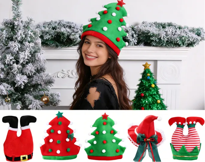 Woman wearing a Christmas tree hat with various festive headwear product shots.