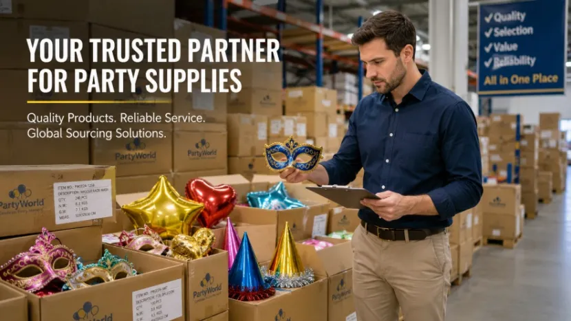 Buyer inspecting a masquerade mask in a party supplies warehouse