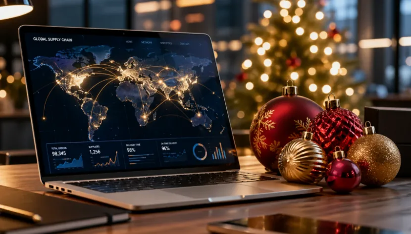 Christmas decorations wholesale global supply chain on laptop