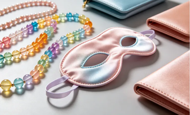 Close-up of colorful bead necklaces, a silky pastel eye mask, and small clutches
