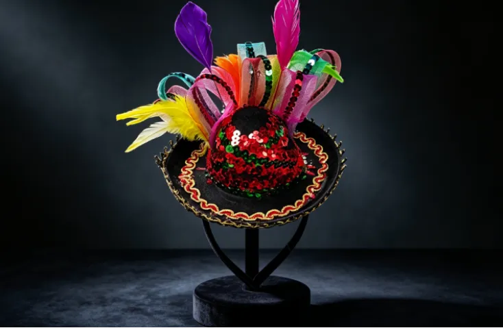 Colorful feathered sequin carnival fascinator on a stand.