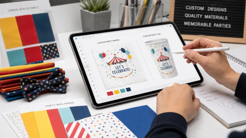 Designer creating custom party napkin and cup designs on a digital tablet