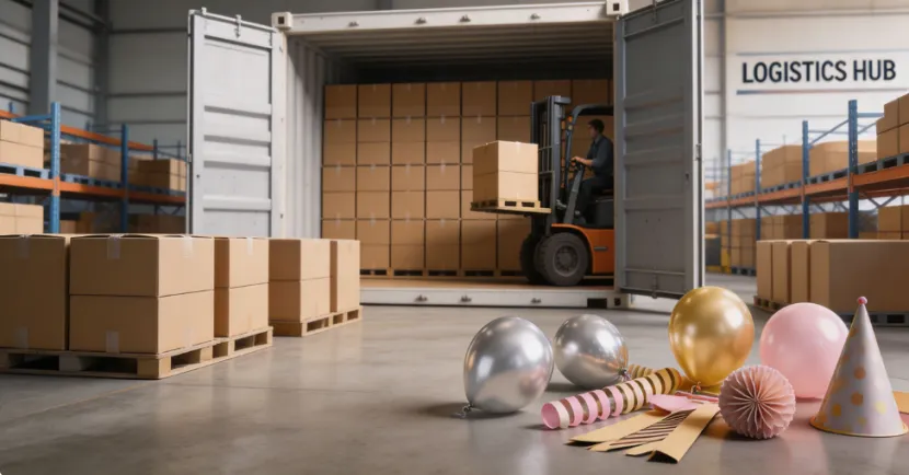 Forklift loading boxes of party supplies into a shipping container