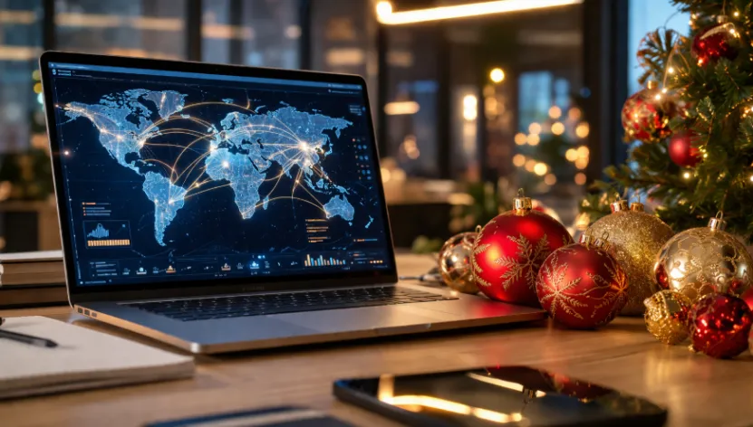 Holiday office desk with laptop and Christmas ornaments