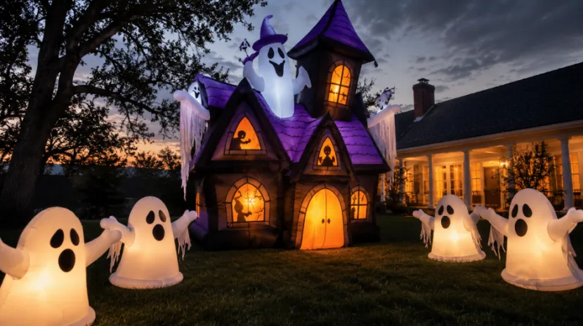 Large glowing inflatable haunted house and ghosts in a yard at dusk