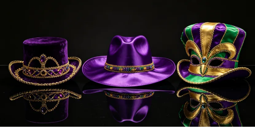 Premium Mardi Gras carnival hats in purple, green, and gold.