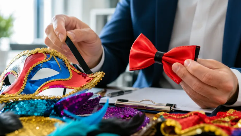 Professional buyer inspecting the quality of a carnival mask and red bow tie