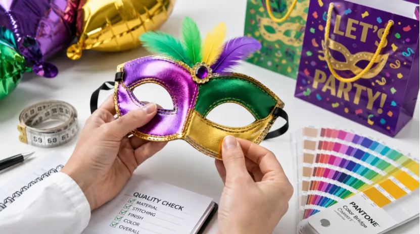 Quality control check on a colorful carnival mask with a Pantone chart