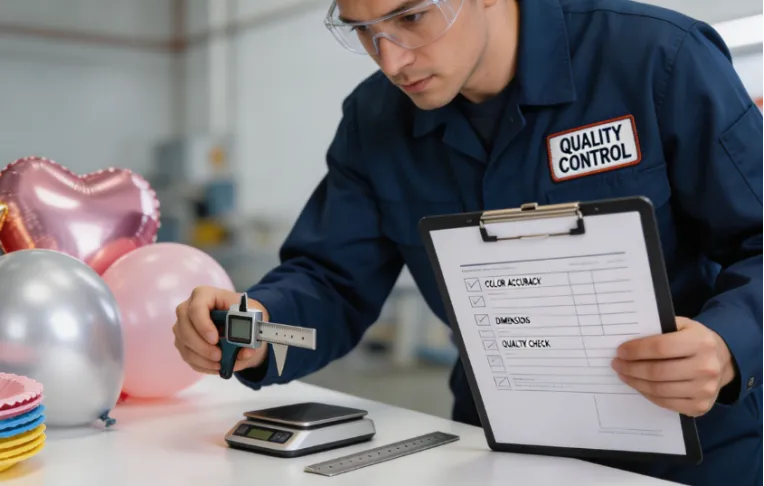 Quality control inspector checking party supplies with a clipboard