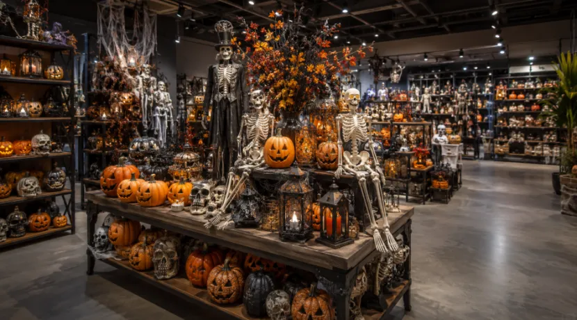 Wholesale showroom display filled with Halloween pumpkins and skeletons