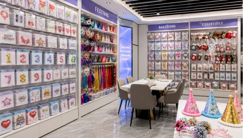 Assorted party supplies in a modern showroom