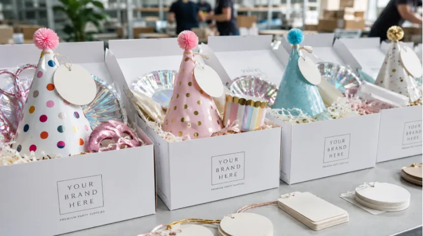 Branded party supply boxes with contents