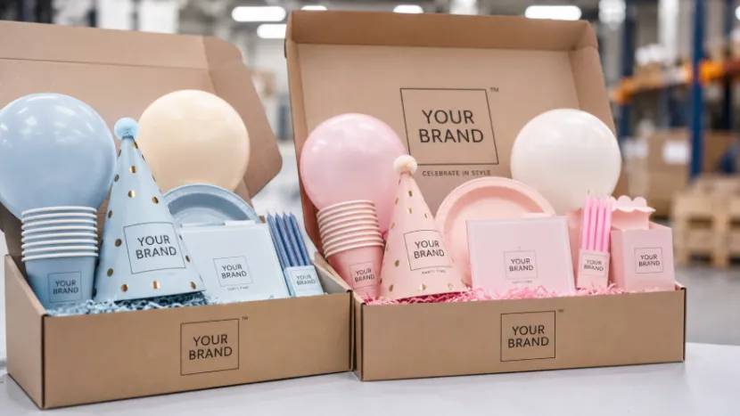 Branded theme party supply kits inside open cardboard boxes