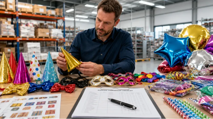 Buyer inspecting wholesale party supplies and a supplier comparison checklist in a warehouse
