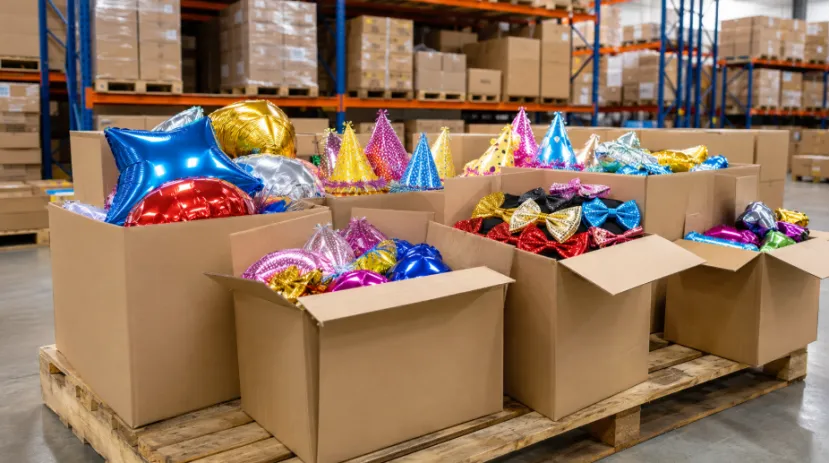 Cardboard boxes filled with party balloons and hats on a warehouse pallet