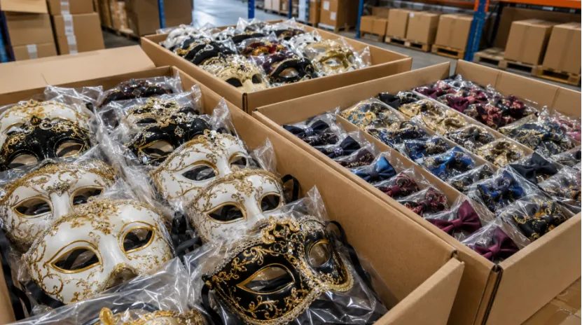 Cardboard boxes filled with wholesale Carnival masks and bow ties in a warehouse