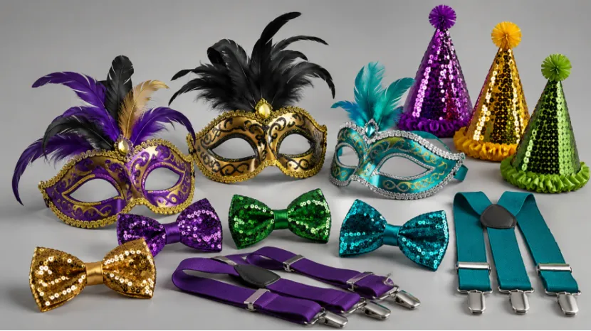 Collection of colorful carnival wearables including masks, bow ties, and hats