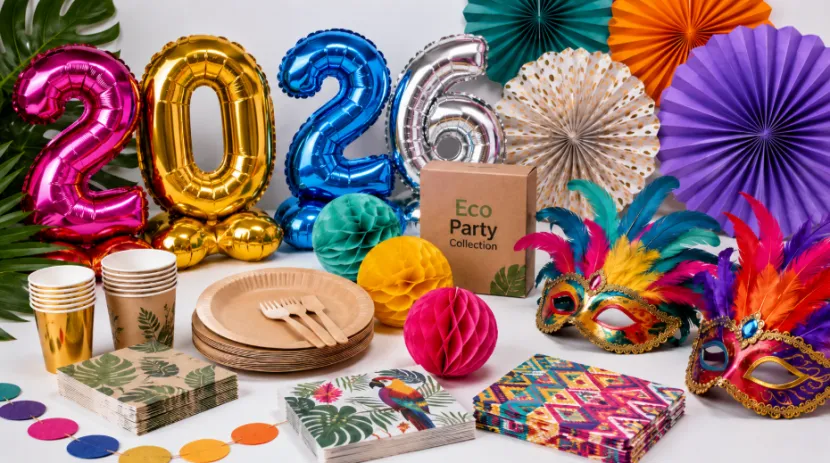 Colorful assortment of party supplies including foil balloons, paper tableware, and feather masks