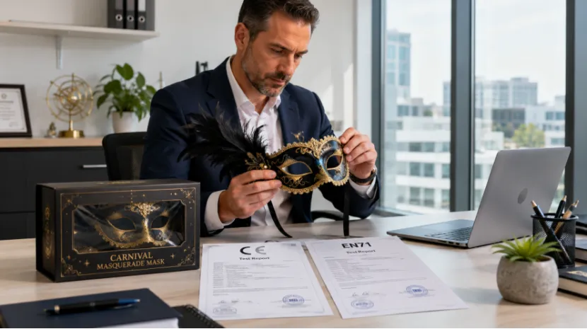 European buyer inspecting a carnival mask and CE EN71 test reports