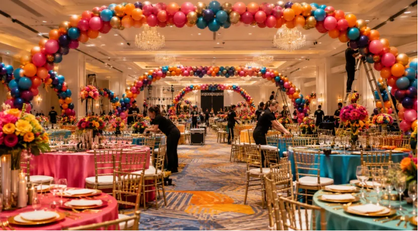 Event planners setting up colorful balloon arches in a large banquet hall