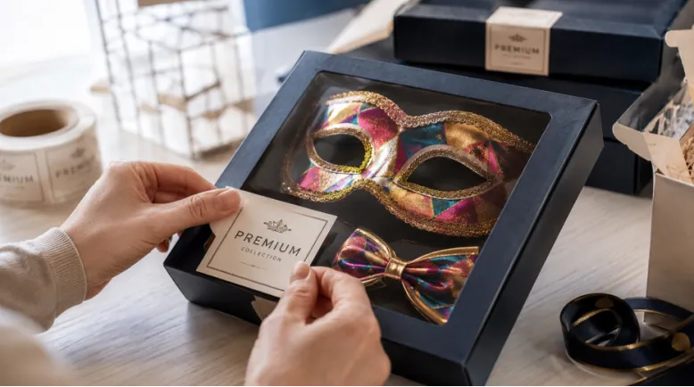 Hands applying a custom brand label to a premium retail box containing a carnival mask and bow tie