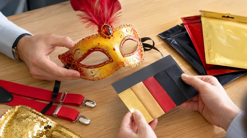 Hands inspecting a carnival mask and material swatches on a wooden desk
