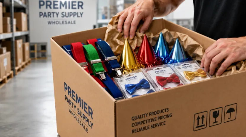 Hands packing a cardboard box with wholesale party hats, bow ties, and suspenders