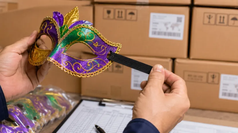 Quality inspection of a carnival mask's elastic band with shipping cartons in the background
