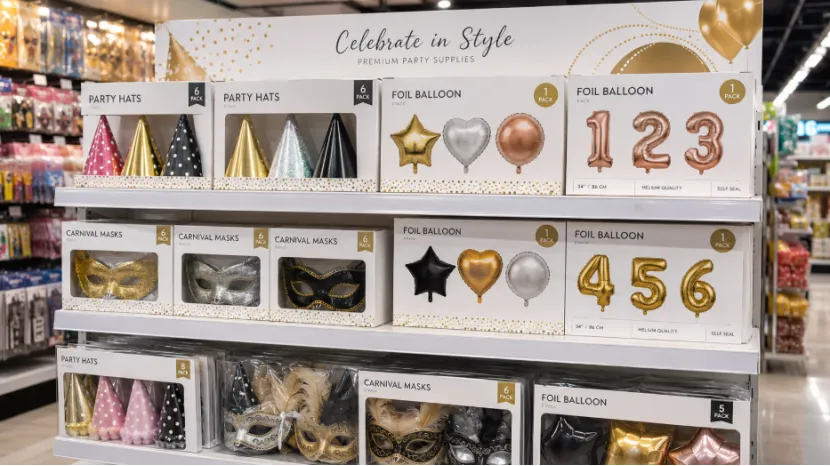 Retail shelf stocked with neatly boxed private label party supplies, including hats, masks, and foil balloons