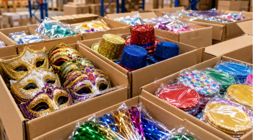 Warehouse boxes filled with bulk party supplies, carnival masks, and hats
