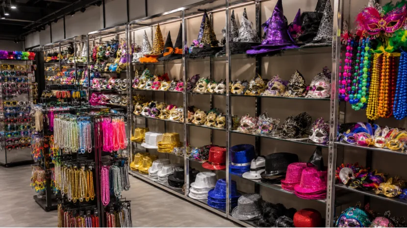 Wholesale showroom displaying colorful party accessories, masks, hats, and necklaces