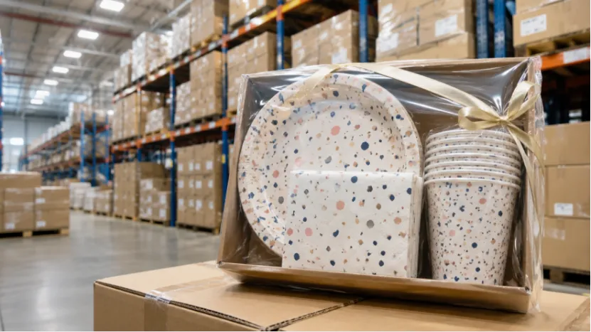 Wrapped bundle of party tableware resting on a box in a wholesale warehouse