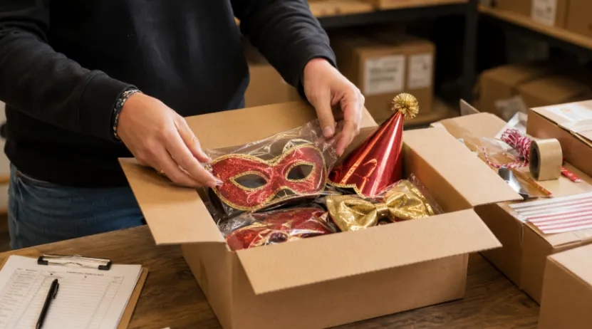 A person packing a cardboard box with a red glitter masquerade mask, a shiny party hat, and a gold bow tie