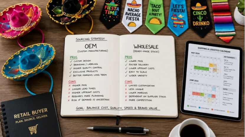 A retail buyer's desk with an open notebook comparing OEM versus wholesale sourcing strategies