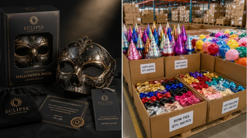 A side-by-side comparison of a branded, premium OEM Halloween mask and bulk wholesale party supplies in warehouse boxes
