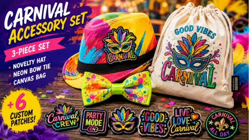 Carnival accessory set with hat, bow tie, bag, and embroidered patches