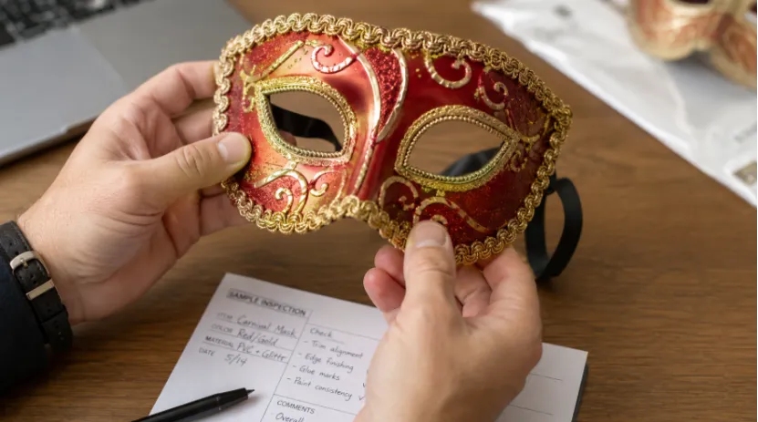 Close-up of hands inspecting the quality of a red and gold masquerade mask above a sample inspection checklist on a desk
